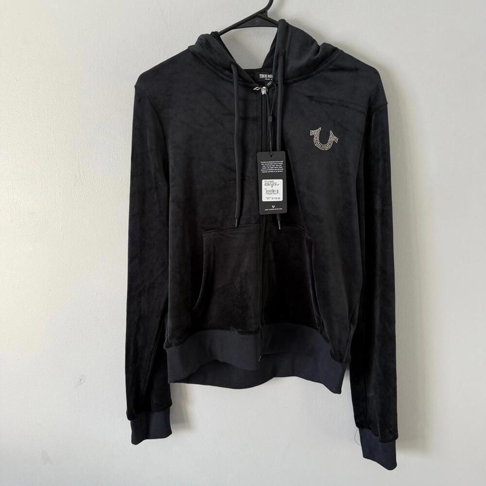 NEW! NWT TRUE RELIGION Velour Angel Wings Zip Up Hoodie Black Size Large